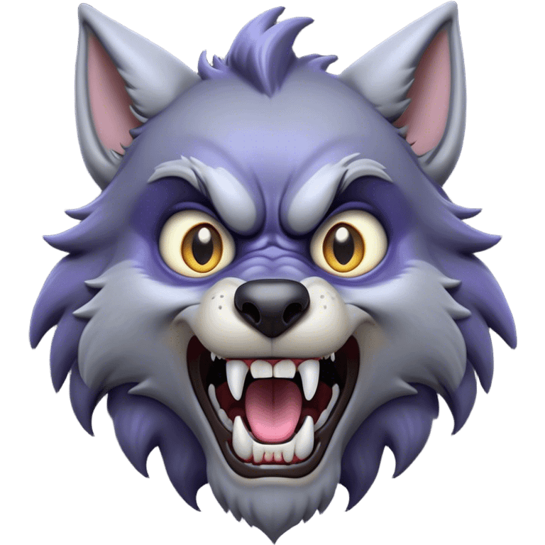 Cinematic Comical Werewolf Portrait Emoji, with a whimsically exaggerated lupine face in vivid moonlit grays and silvers, head cocked in a dramatically shocked expression with comically oversized, wide eyes and a playful snarl, simplified yet hilariously expressive, highly detailed with a soft cartoonish glowing outline capturing the mischievous humor of a werewolf mid-transformation! emoji