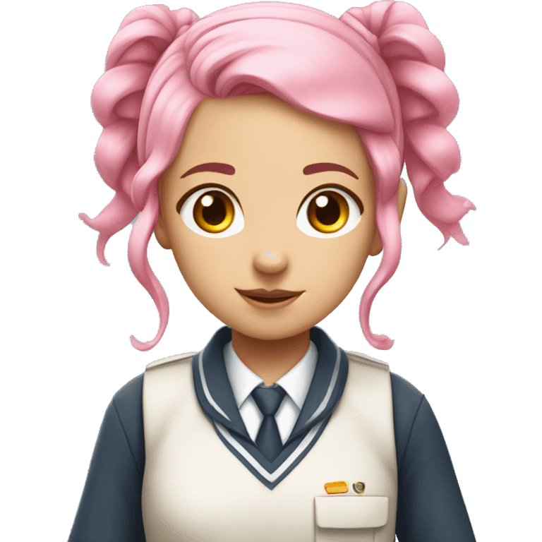 Girl with pink hair, two pigtails, pink eyes wearing a cachi school uniform  emoji