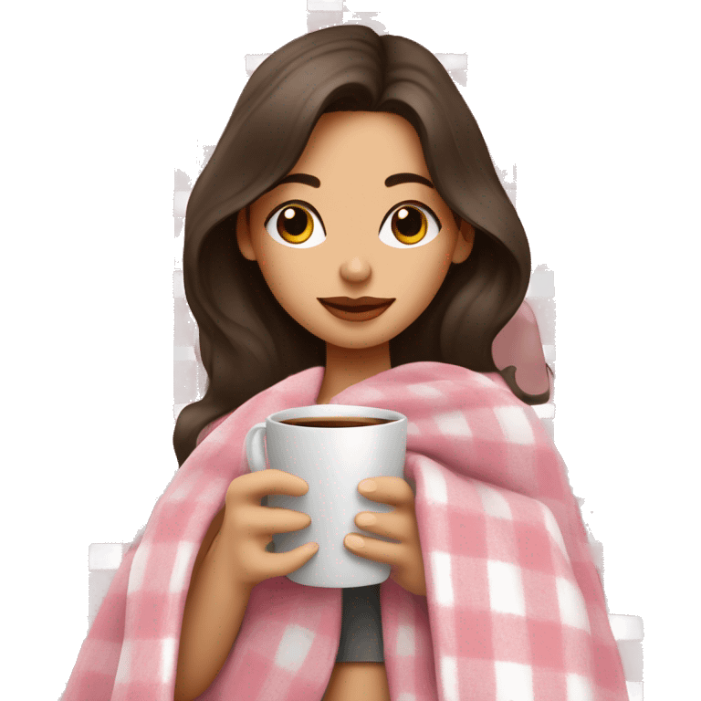 cute brunette girl wrapped in pastel pink plaid blanket drinking coffee emoji