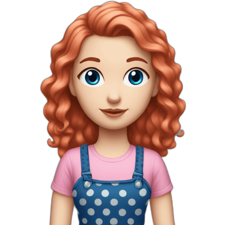 white girl with red wavy hair and blue eyes. she's wearing a black polka dots strap dress, with a pink t-shirt underneath. emoji