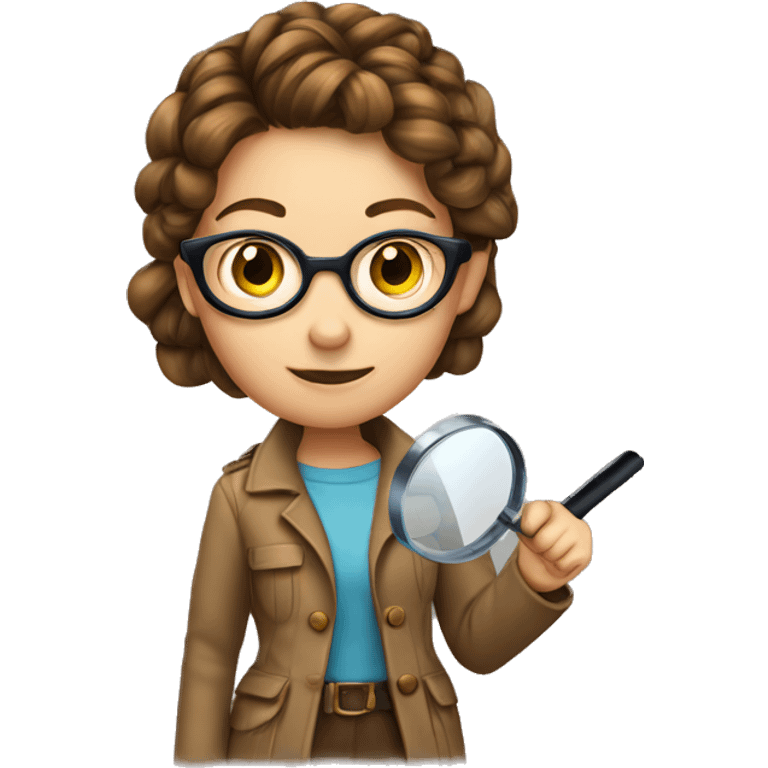 girl detective with brown braided hair, glasses and a magnifying glass emoji