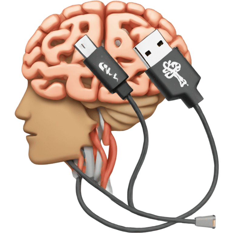 USB cable connected to human brain emoji