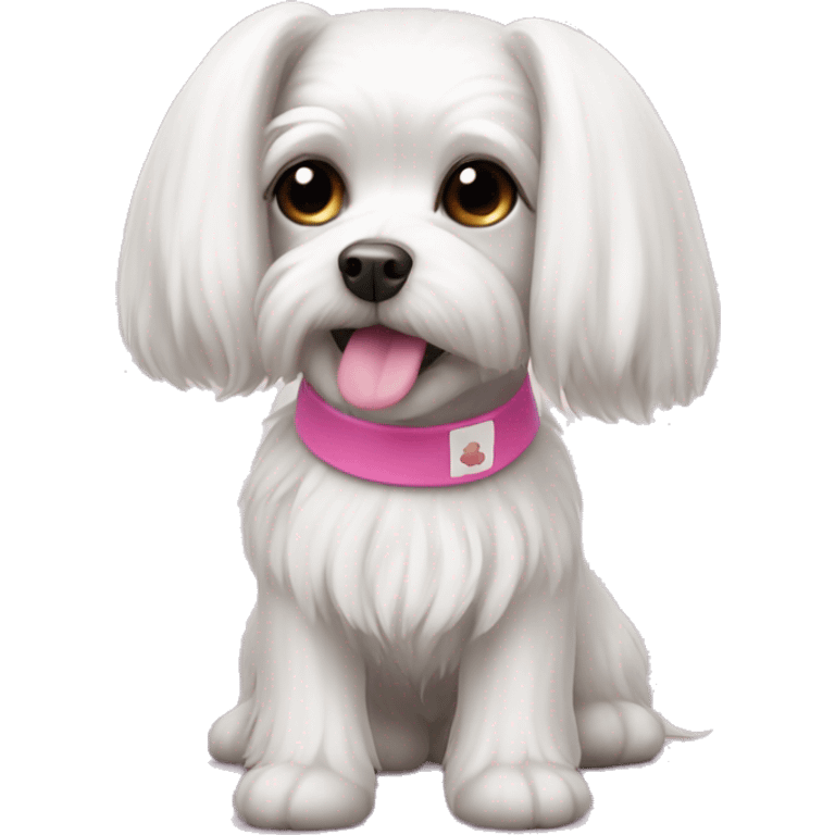 small dog maltese lapdog with long ears and tail with pink elastic band on head emoji