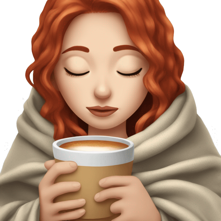 white girl red hair inside a blanket sipping coffee eyes closed emoji