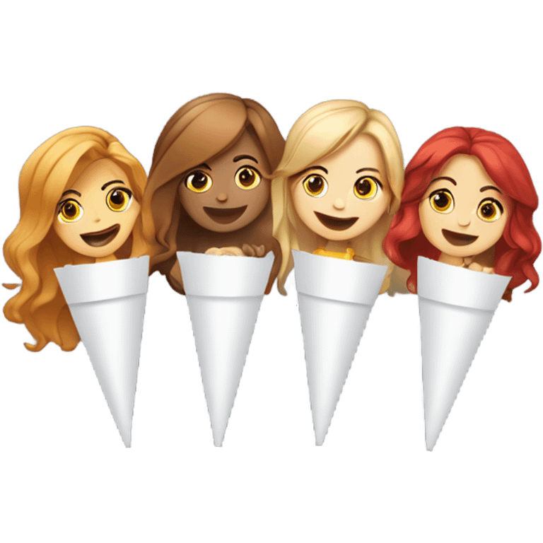 Four girls one with red hair, two with light brown hair, one with blonde hair, holding a paper cone in their mouth with smoke coming out of it ￼ emoji