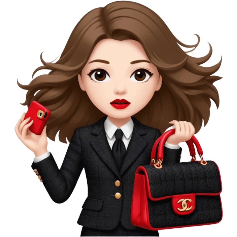 White girl with brown long hair dressed up in black chanel tweed suit with a red chanel bag and red lipstick. Close up with wind blowing her hair looking fancy emoji