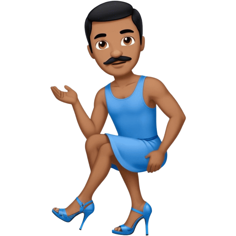 Man in a blue dress and blue strappy high heels with black hair and black mustache and brown skin emoji