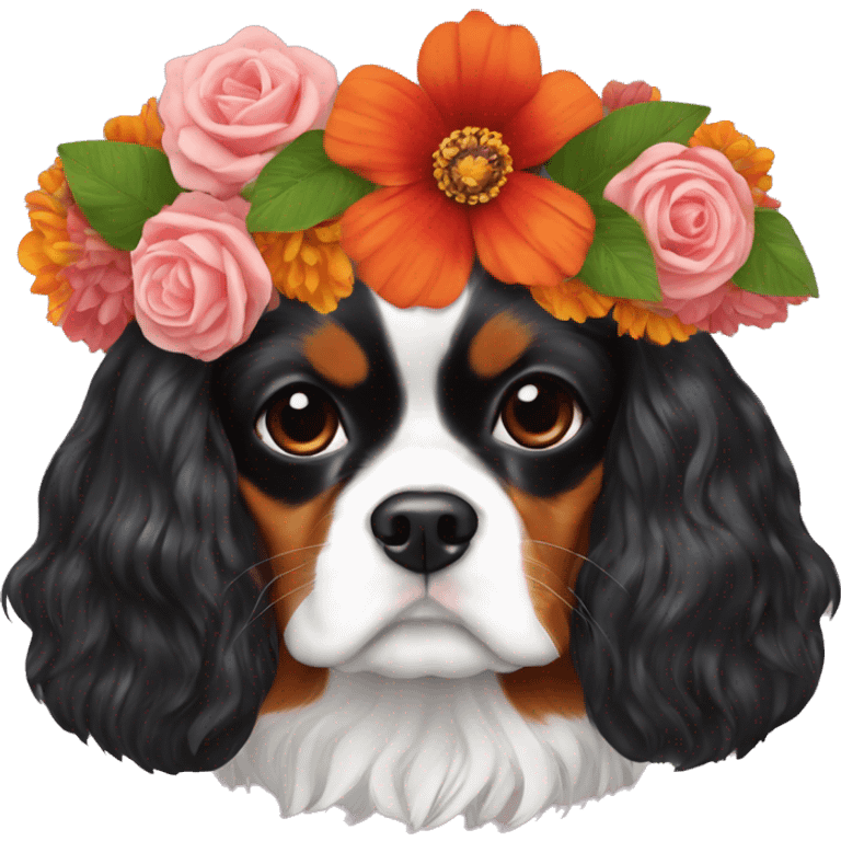 Give a flower crown to a cavalier king charles like frida kahlo emoji