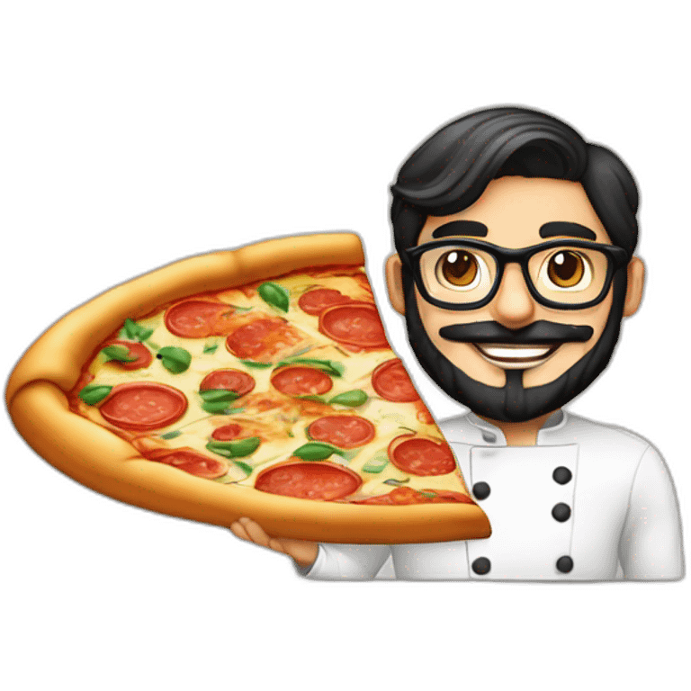 Dark haired 30 years old chef with beard and big glasses proudly holding a pizza emoji