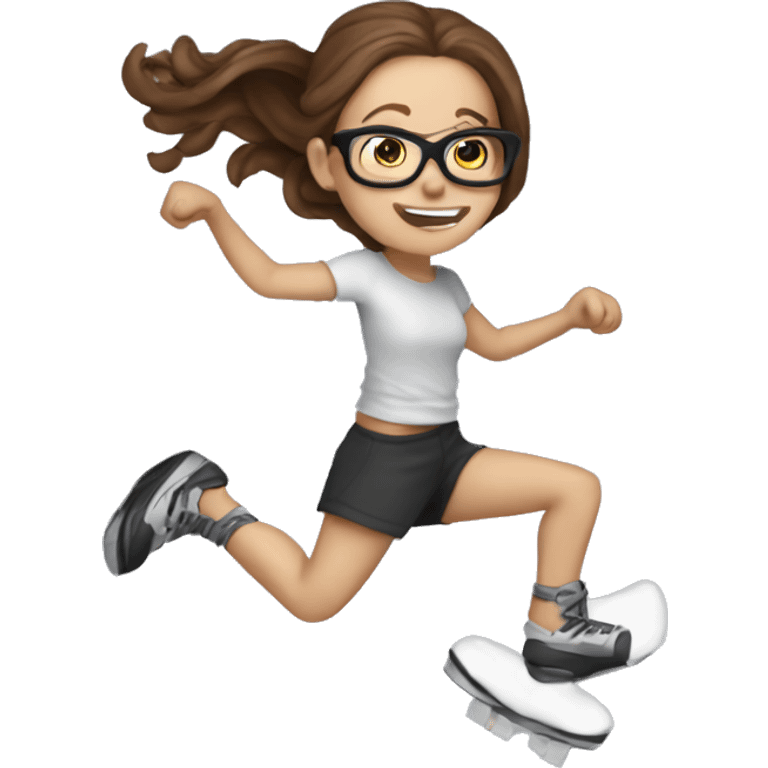 White girl with long brown hair and glasses jumping on kangoo jump shoes  emoji