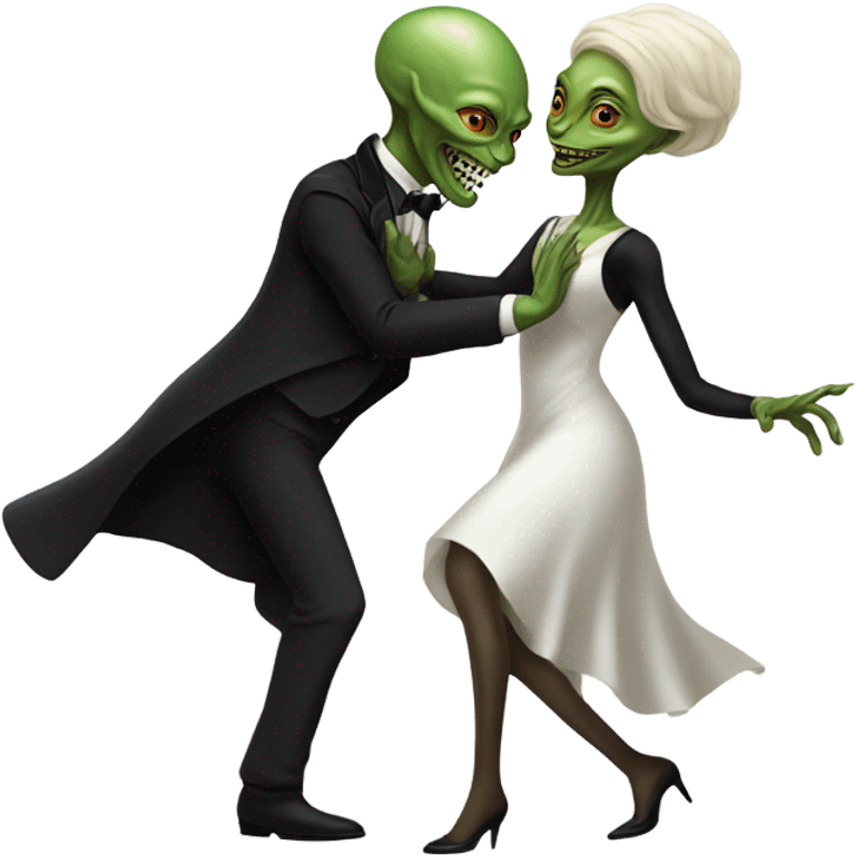  a Reptilian alien woman, in white dress, dance with a human man in frack emoji