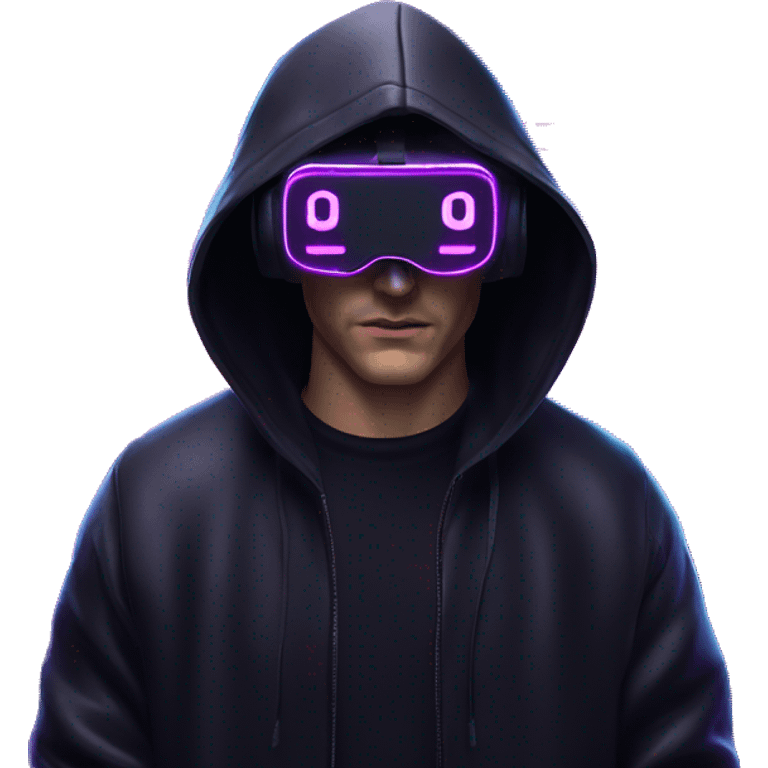 Russian man wearing a black hoodie with "OMG" letters on it and VR headset in a cyberpunk VR environment with violet neon lighting. emoji