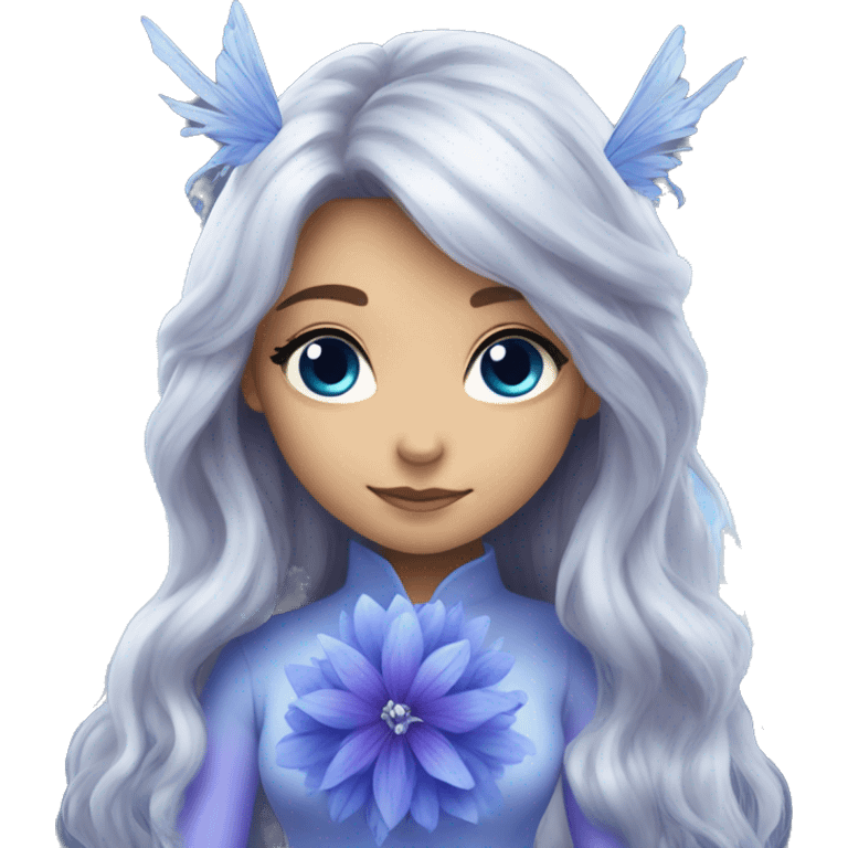 Beautiful, blue flower, fairy, blue, silver, purple, long hair, big wings emoji