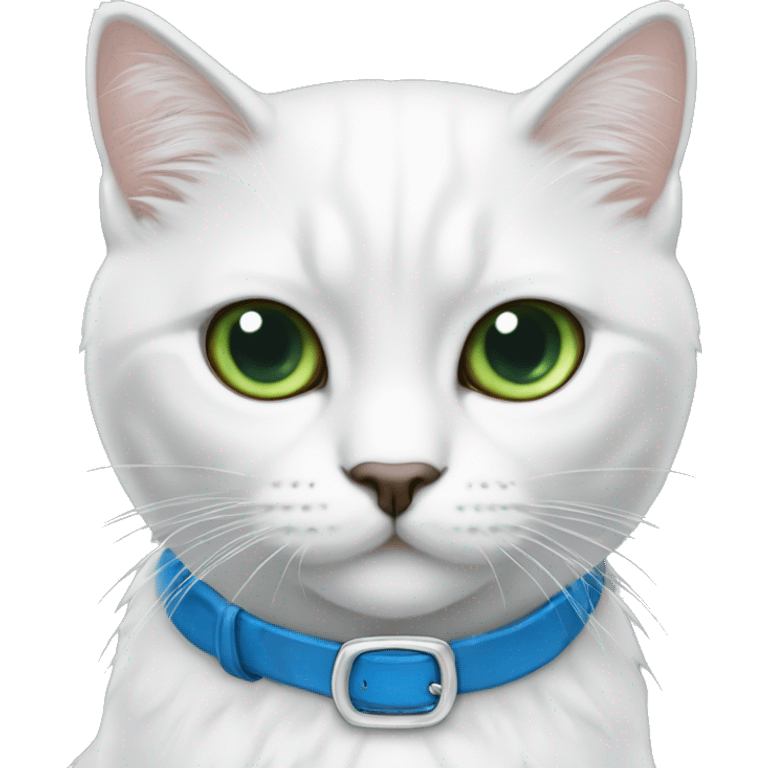 Gato blanco persa con 1 ojo verde y 1 ojo azul, tiene un collar azul con el nombre de CÁSPER emoji