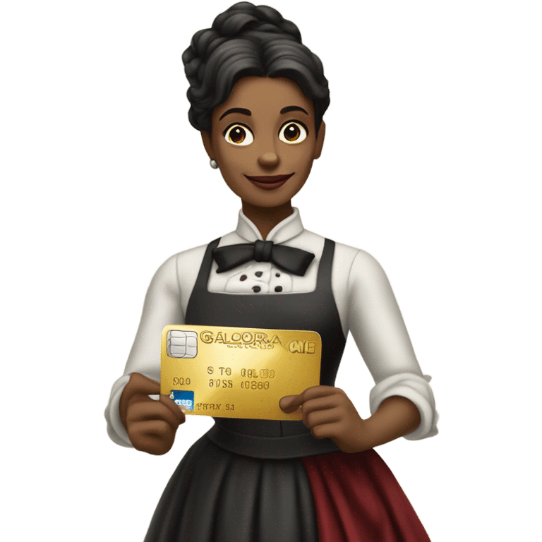 galora waitress galora in Victorian dress elegant, full body, holding big credit card emoji