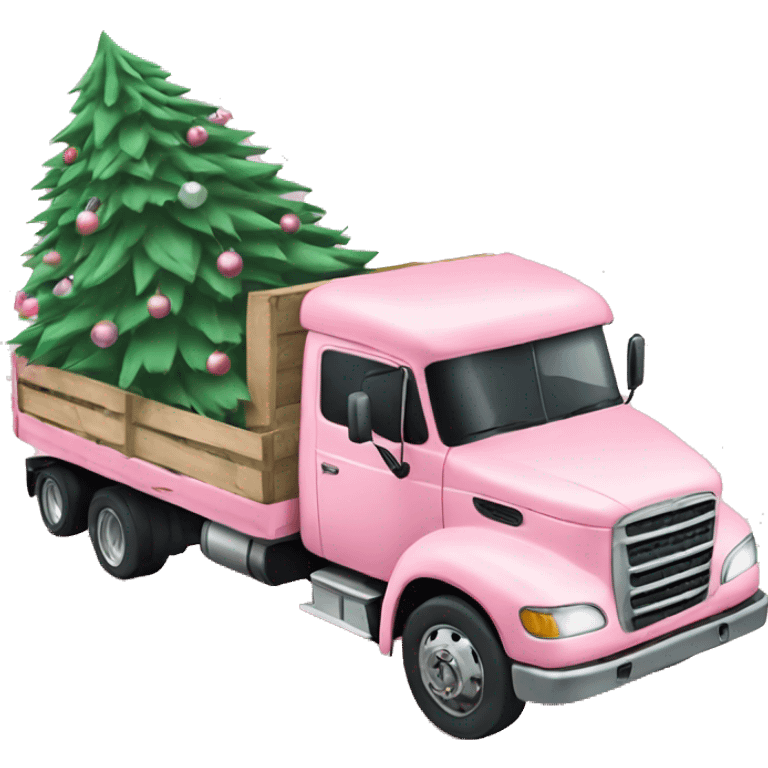 pastel pink truck loaded with a Christmas tree emoji