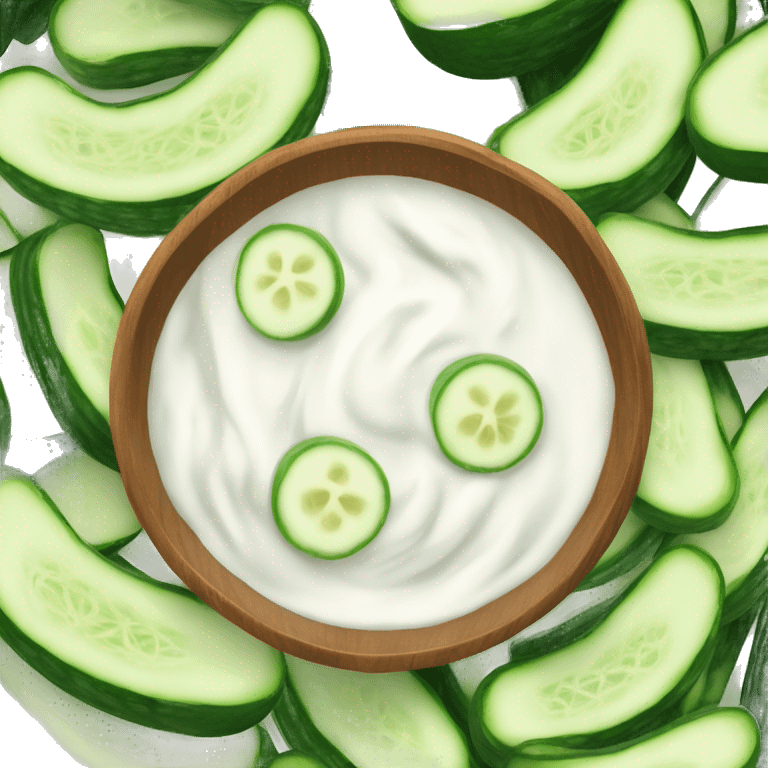 wood bowl of cucumbers and yogurt from top angle emoji