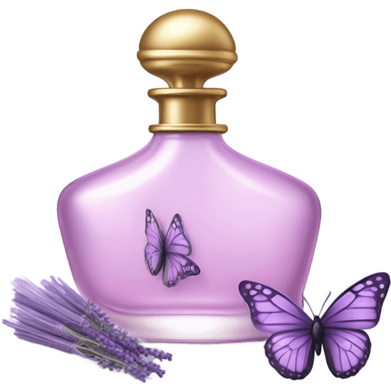  pastel violet butterfly resting on an elegant lavender perfume bottle with fork pink details. emoji