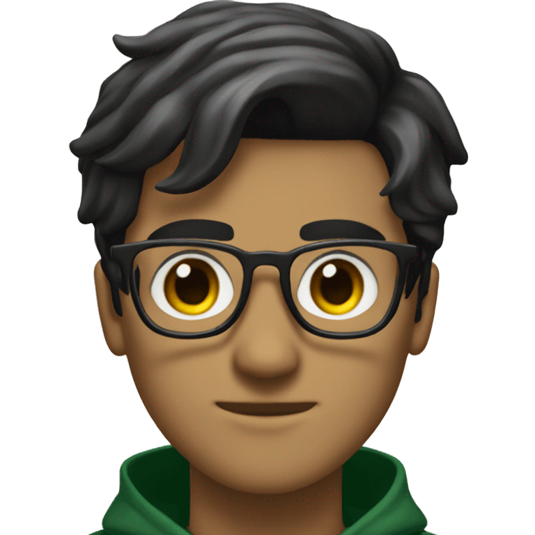 a male student with black hair rectangular shaped glasses in his eyes in slytherin emoji