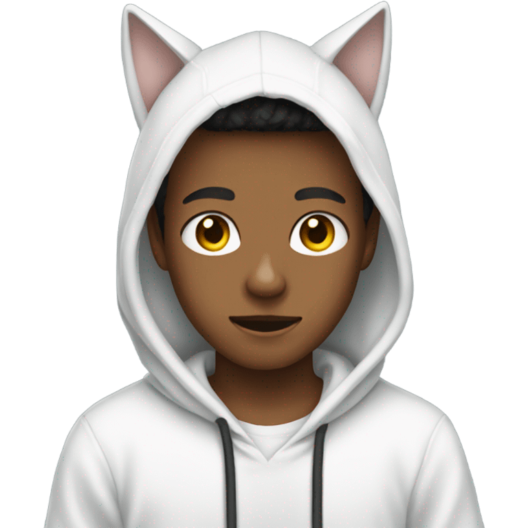 boy in white hoodie holding phone cat ears emoji