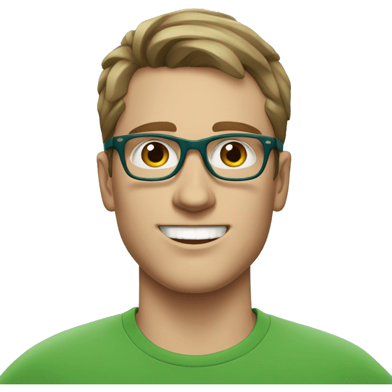 white young man with blue eyes and brown hair and square glasses wearing green t-shirt with headset emoji