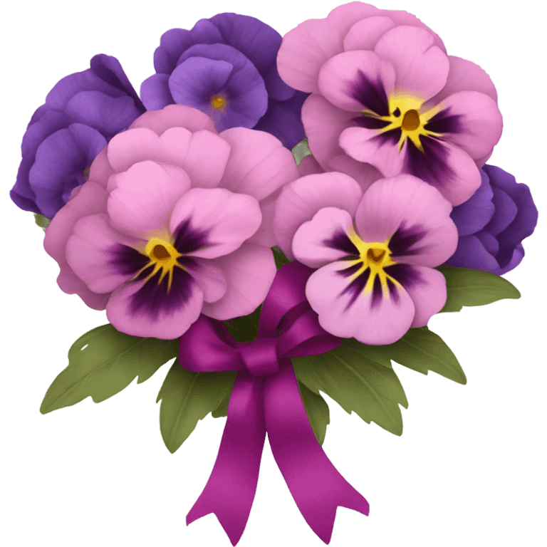 Bouquet composed of pink pansies, violet peonies tied with a dark pink ribbon and in the background purple butterflies  emoji