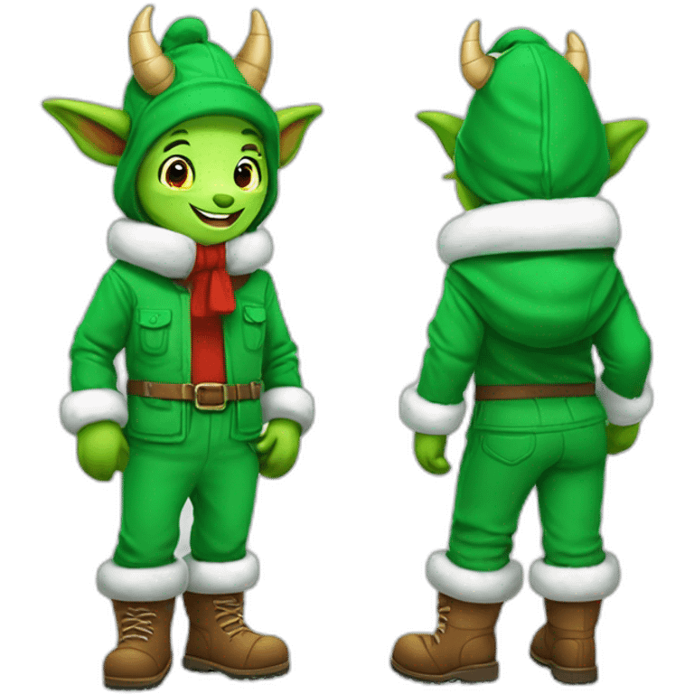 happy little green cartoon dragons of child in winter, in work pants, in work clothes, in winter boots, in a Santa Claus hat, New Year emoji