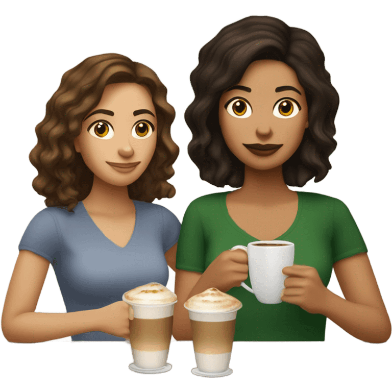 puerto rican woman light skin with shoulder-length, wavy, brown hair drinking latte with Italian woman with black, straight hair drinking espresso at table emoji