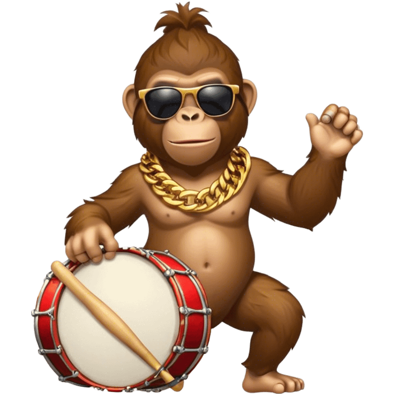 ape with big golden chain on the neck wearing sunglasses plays drum full heighth emoji