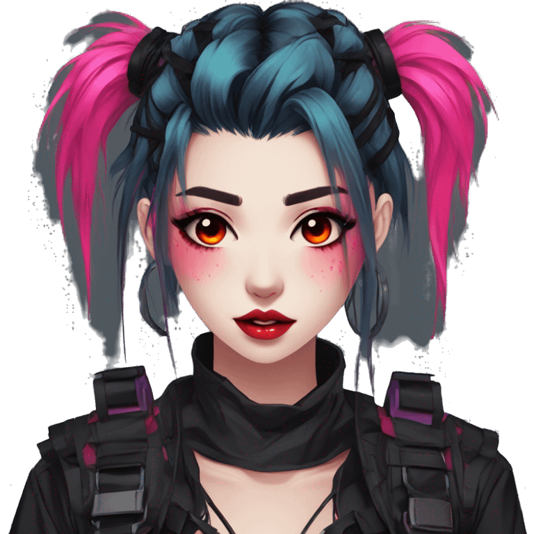 Gorgeous bright colorful neon gothic techwear anime style lady with blushing face aesthetic and pretty edgy black red punk messy hair with collar and harness trending style emoji