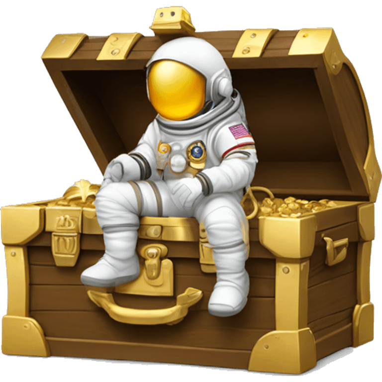 astronaut sitting on top of a treasure chest, astronaut helmet, gold chest, faceless emoji