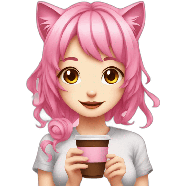 cute pink hair cat girl with coffee anime style emoji