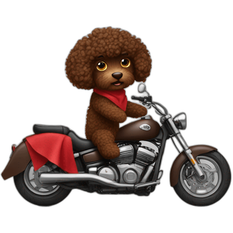 A chocolate brown doodle with curly fur wearing a red and black handkerchief riding a motorcycle emoji