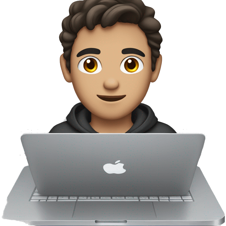 Young man with dark hair and brown eyes sits in front of silver macbook, front view emoji