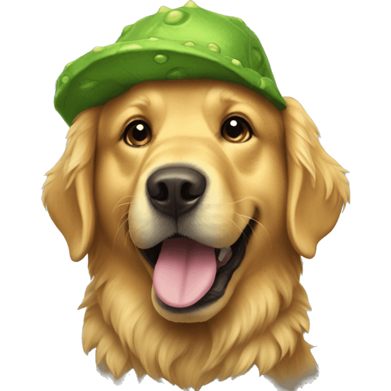 Golden retriever dressed in a dinosaur costume emoji