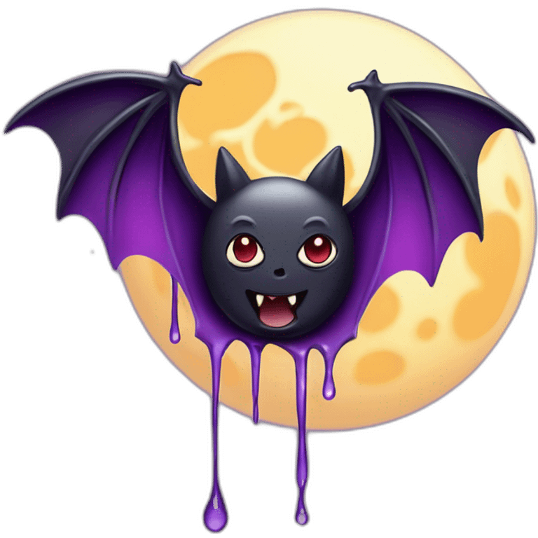 purple black vampire bat wings flying in front of large dripping crescent moon emoji