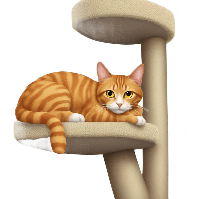 Red tabby with yellow eyes lying on top of her cat tree emoji