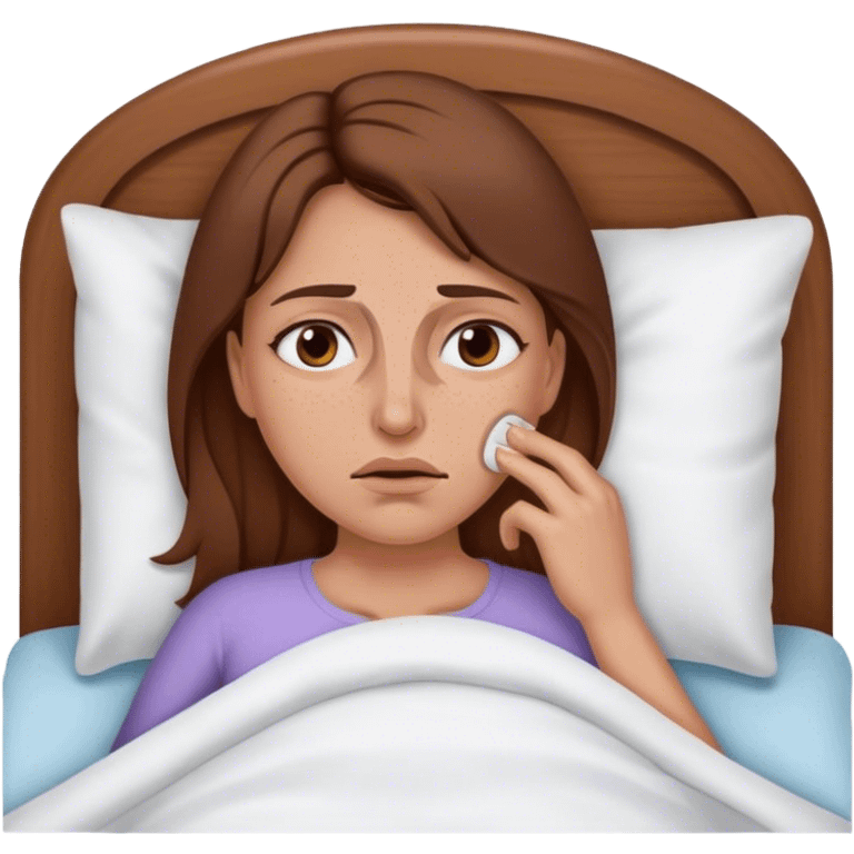 Brown haired Woman In bed with sinus pain  emoji