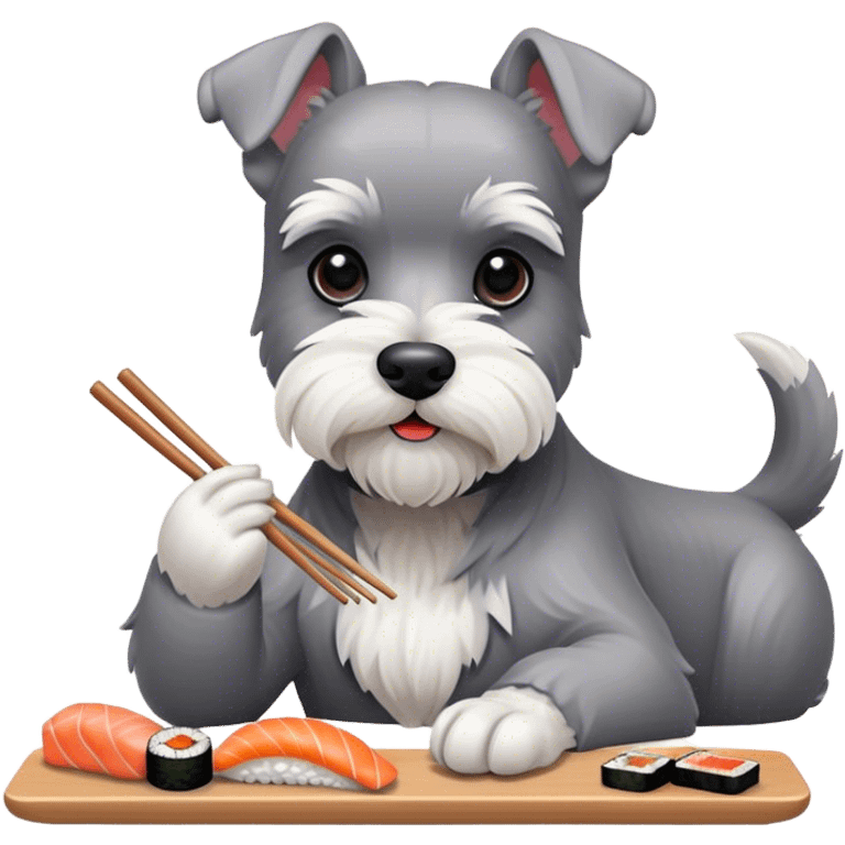 White miniature ￼ schnauzer, eating sushi emoji