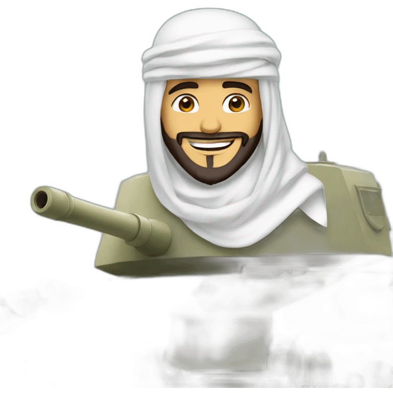 prince from Saudi Arabia with a beard in a white  shemagh national headdress riding  on a tank, smiling emoji