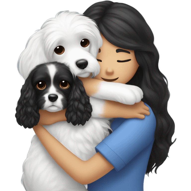 Black and white cavoodle getting hugged by long hair Asian girl emoji