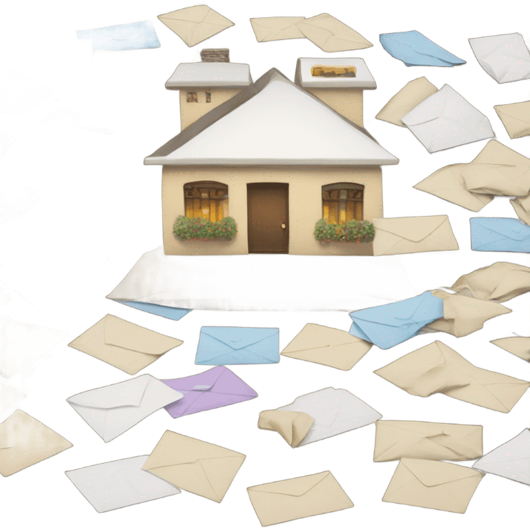 A large house with a pile of envelopes and packages in front emoji