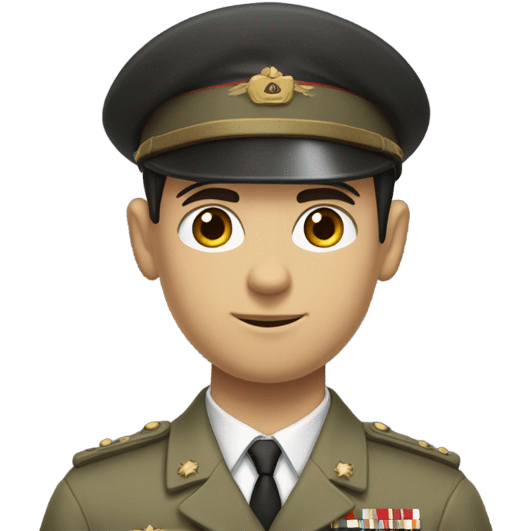 "A young man with short-cropped dark hair, a sharp jawline, and a smug expression. He wears a clean, neutral military uniform, holds a rifle" emoji