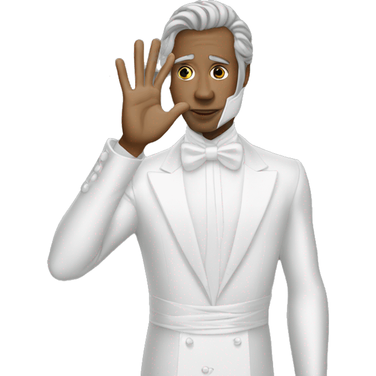 kind baldwin with a silver mask putting his hand up and his face down, earing white gown emoji