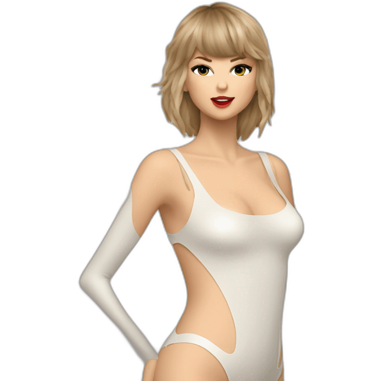 Taylor swift in a flush translucent torn apart bodysuit looking left lower third emoji