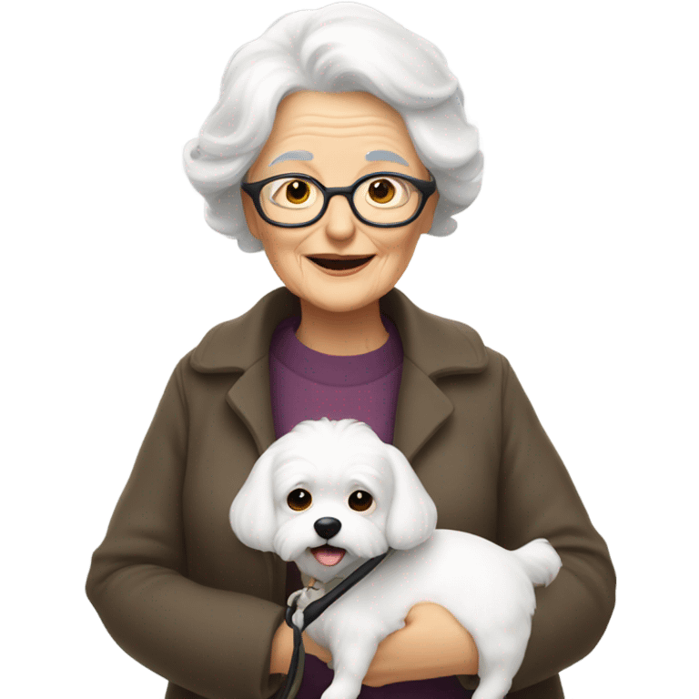 Old lady with white hair walking a little white dog  emoji