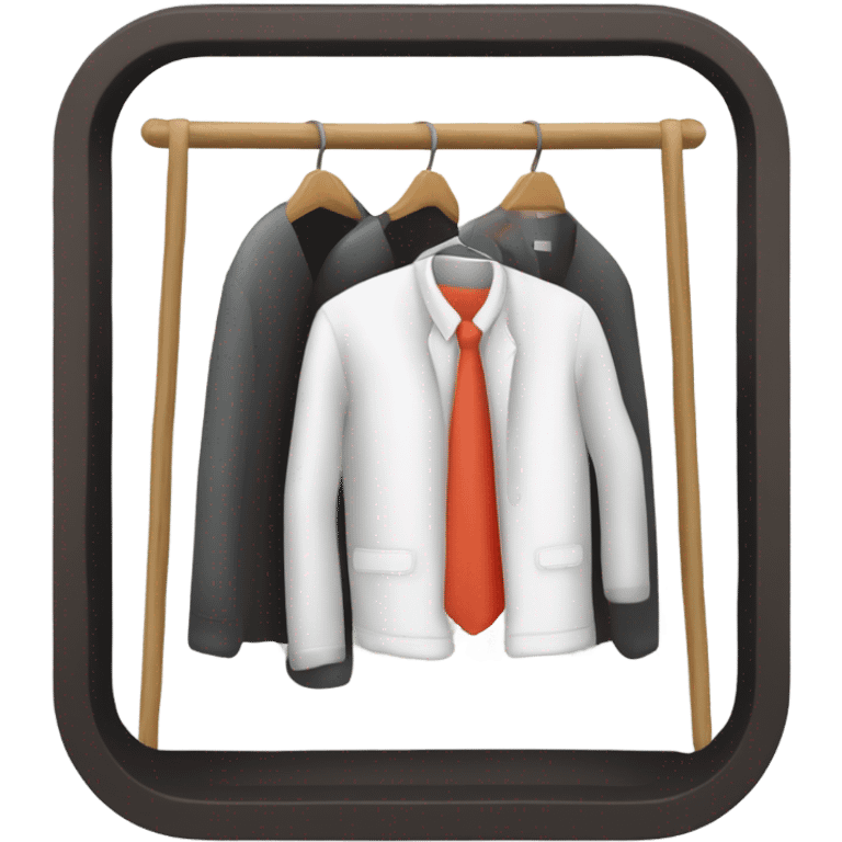 Design an emoji-style icon of an open wardrobe with clothes hanging inside. Include details like a wooden frame, hangers, and only black or white different clothing items such as shirts or any other clothing . Use a clean and minimalistic design. emoji