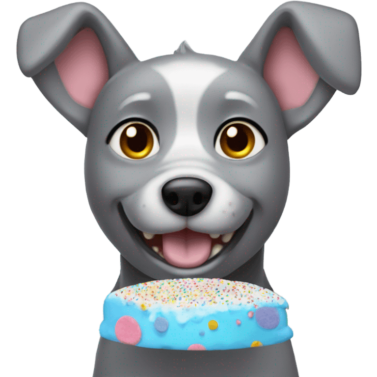 Little grey dog with ears eating funfetti cake  emoji