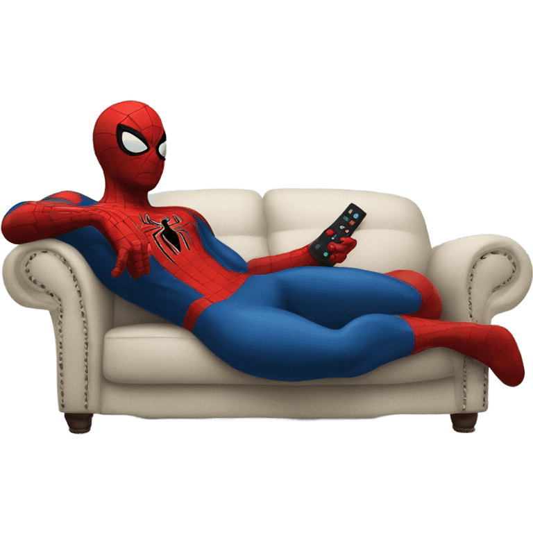 Spider-Man laying on a couch with a remote control in his hands emoji