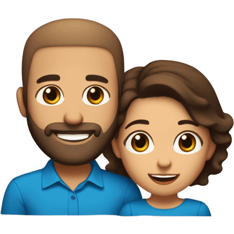 Brown-haired Puerto Rican woman with dark brown eyes wearing a cute blue blouse giving comforting hug to short, bald man with brown eyes, laugh lines, and a beard emoji